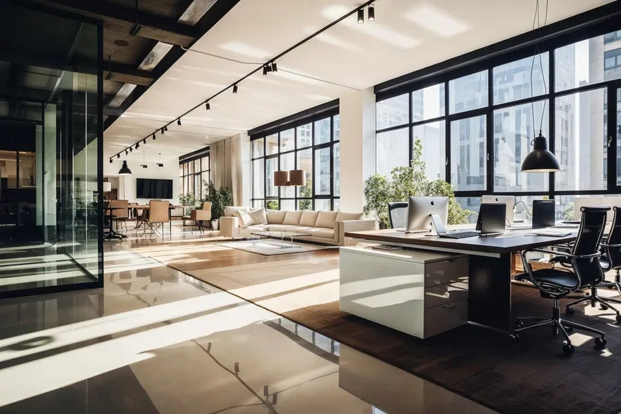 Glass meeting rooms and office corridor